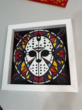 White Shadowbox Stained Glass-Style Cardstock Jason Mask Halloween 8x8